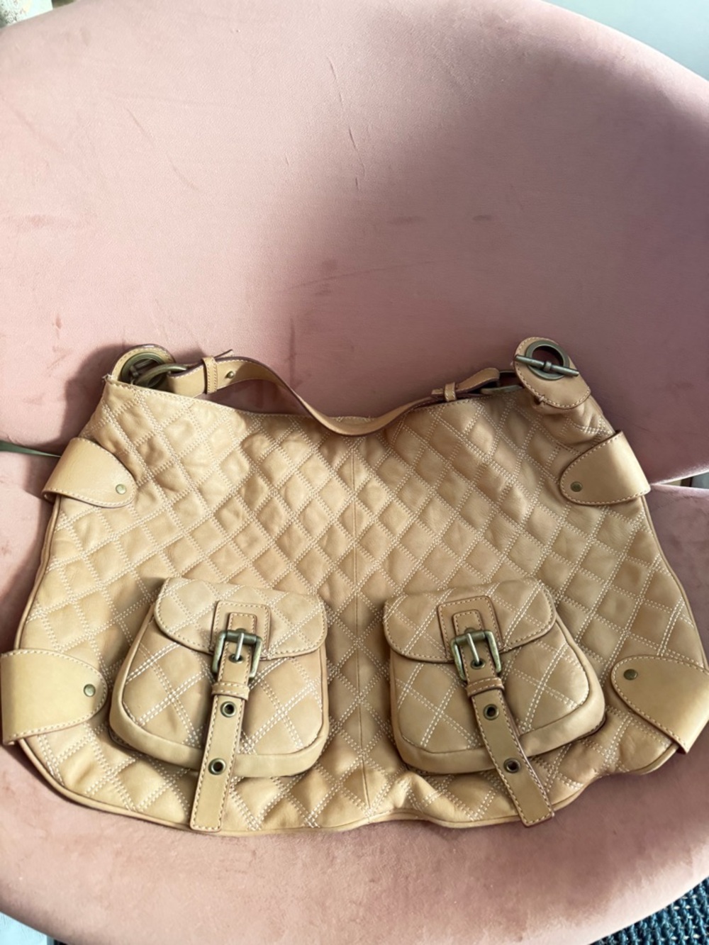 Hype Quilted Beige Shoulder Bag with Front Buckle Pockets